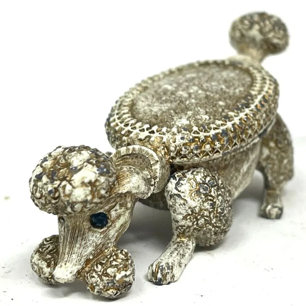 Vintage Florenza Metal Ormolu Poodle Dog Pill Trinket Box Topaz Rhinestone Eyes